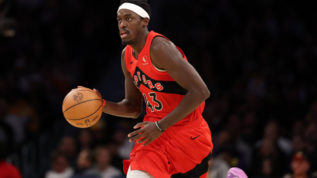 Jan 9, 2024; Los Angeles, California, USA; Toronto Raptors forward Pascal Siakam (43) dribbles the ball during the third quarter against the Los Angeles Lakers at Crypto.com Arena.